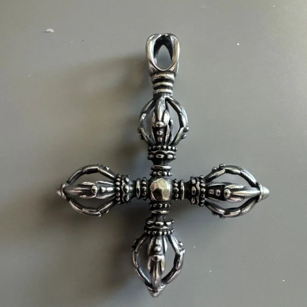 Tibetan Stainless Cross Vajra Dorje Amulet Keychain Pendant Buddhist Ritual Tool
